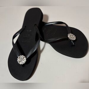 Havaianas Black Slim Rhinestone Crystal Flip Flop Size Women 7/8 New (Other)
